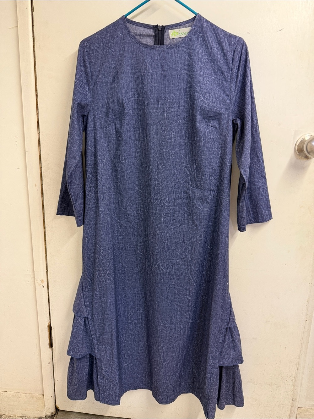 Blue Textured Shift Dress with Tiered Hem